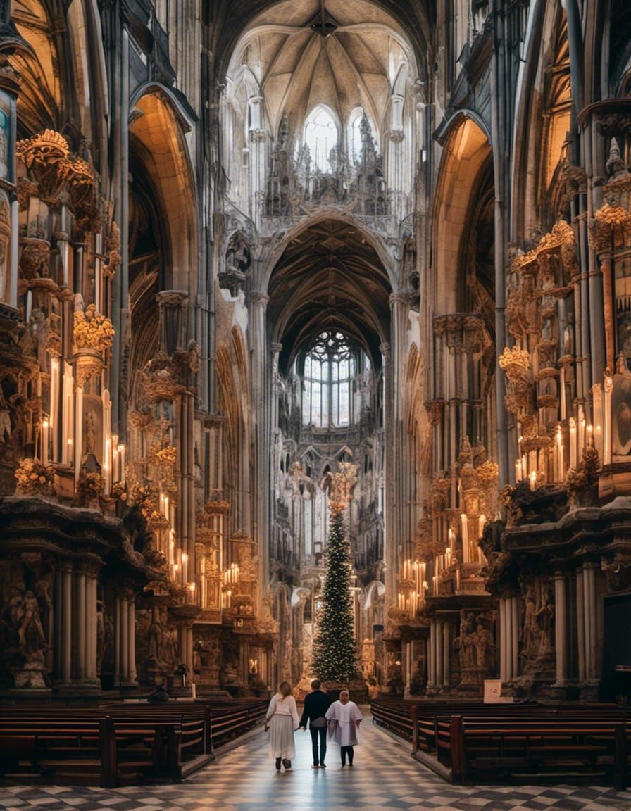 Cathedral Scene with Three Figures in Hyperreal Style