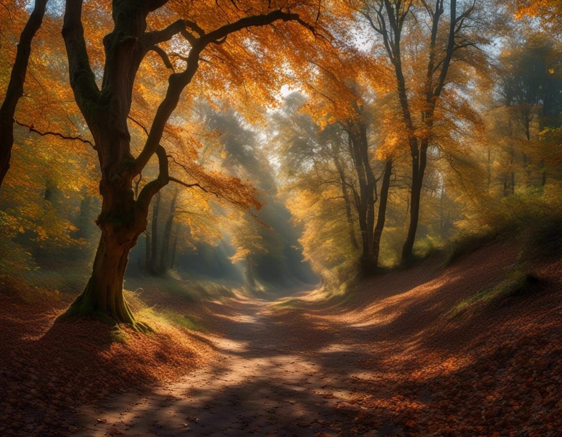 Autumn Forest Path with Sunlight and Shadows