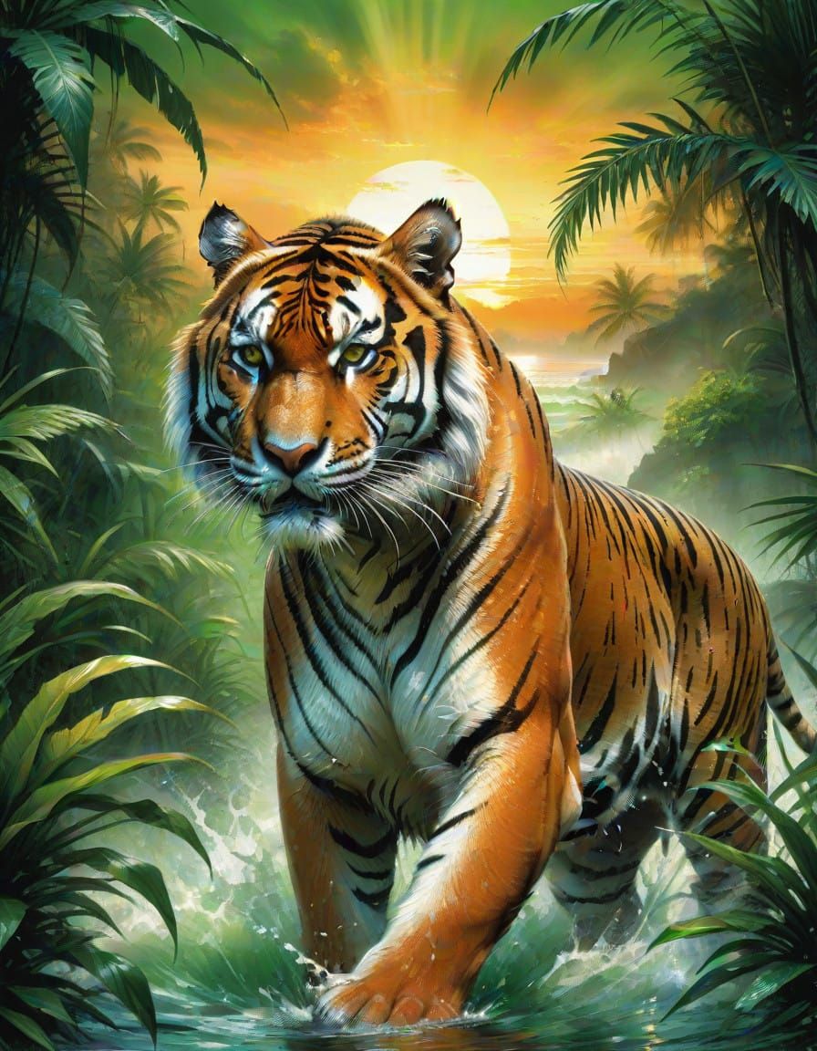 Dazzling Bengal Tiger in Tropical Oasis