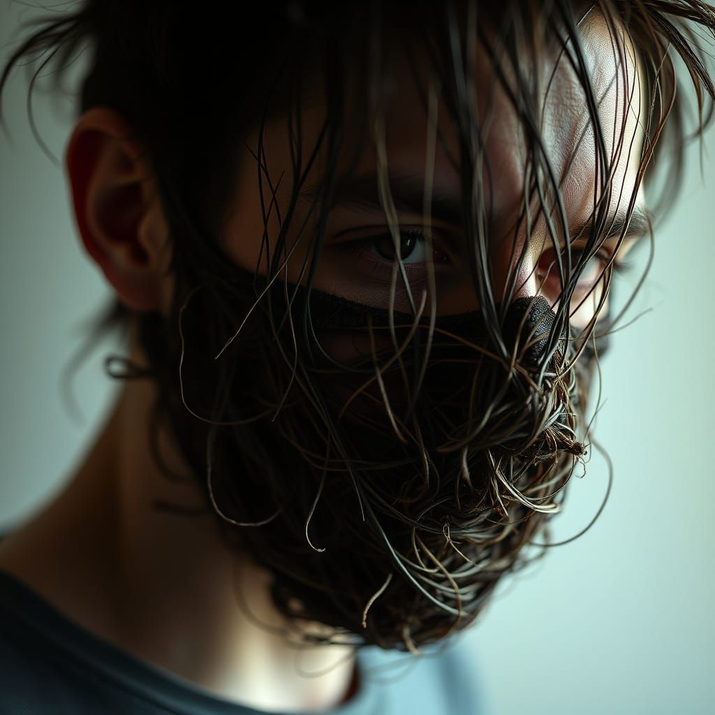 Ethereal Hyperrealist Portrait of a Man in a Tangled Hair Ma...