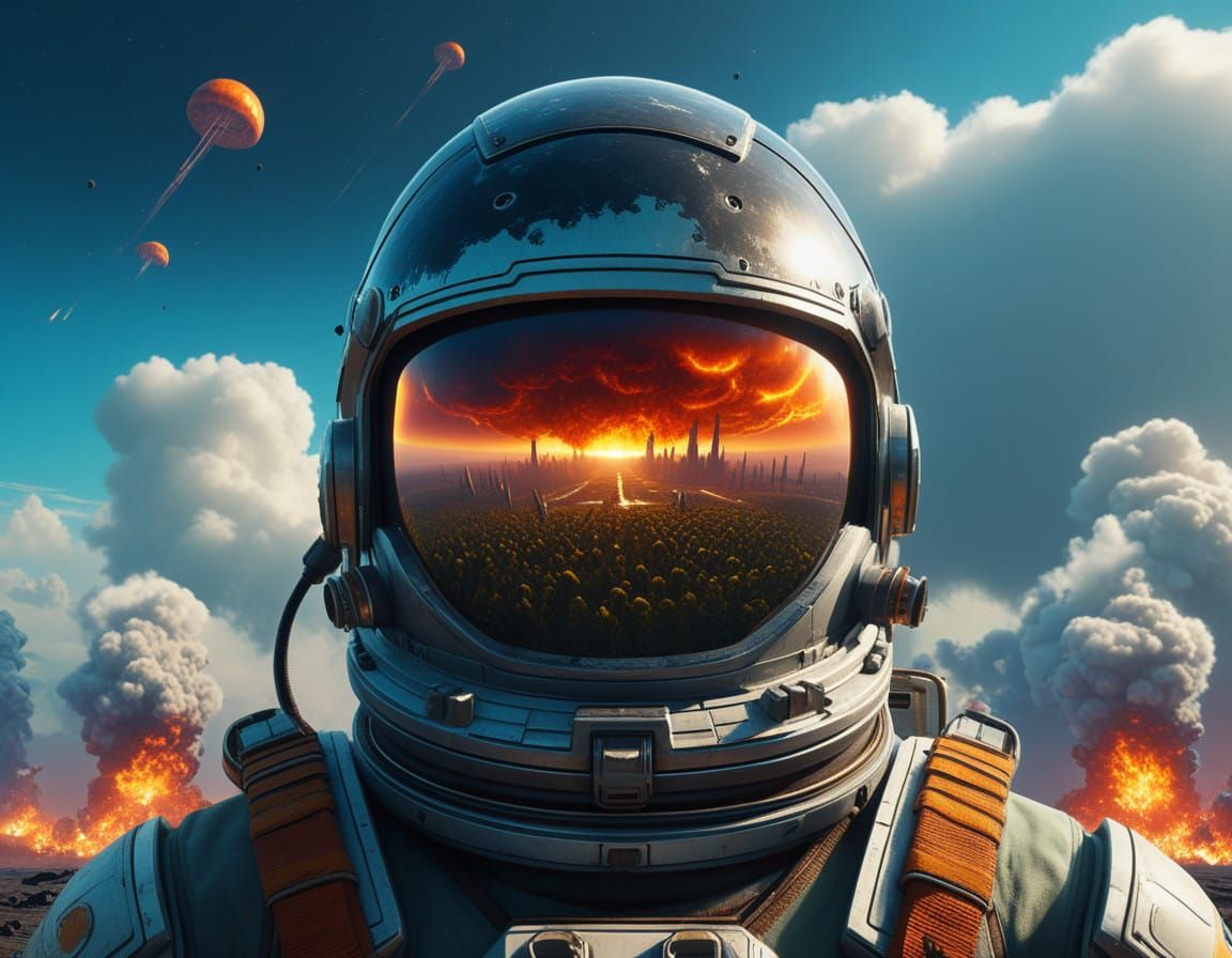 Futuristic Astronaut Helmet in Apocalyptic Landscape