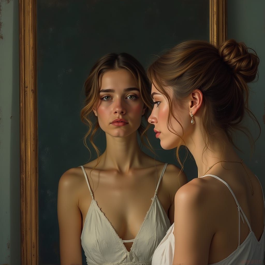 Woman Sees Aged Reflection With Sadness in Soft Light