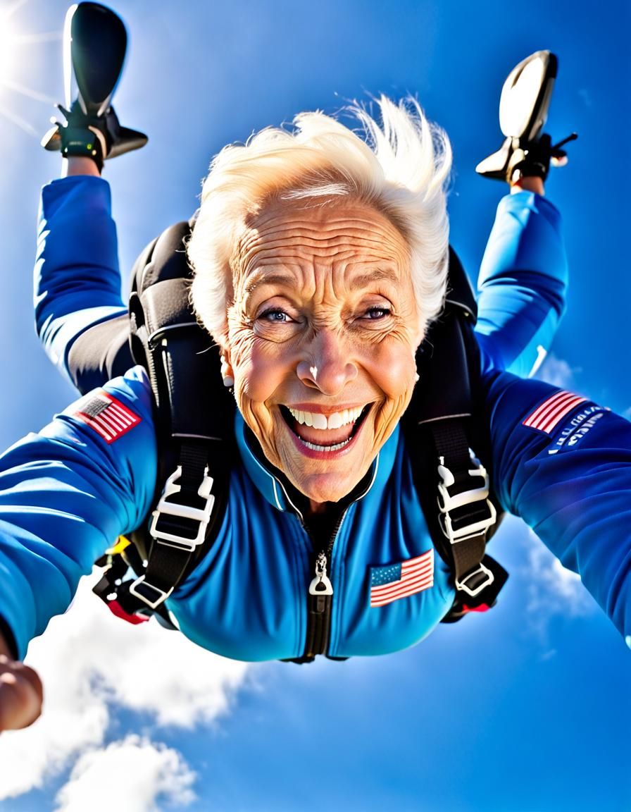 Joyful Elderly Woman Skydiving in Hyperrealism
