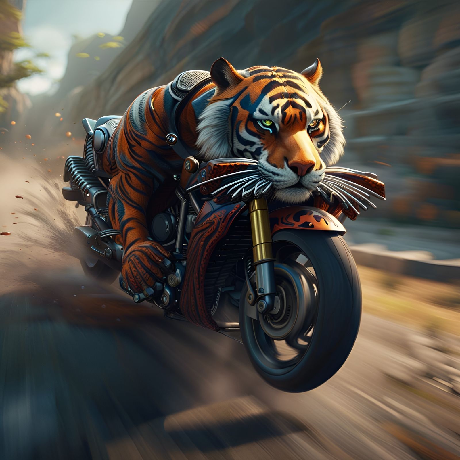 Tiger Rides Motorbike in Detailed Digital Painting