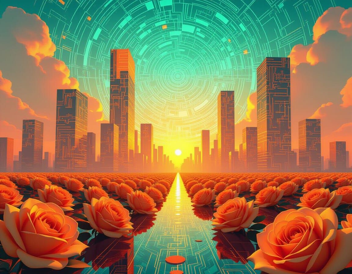 Surreal Rose Petal City in Synthwave Style