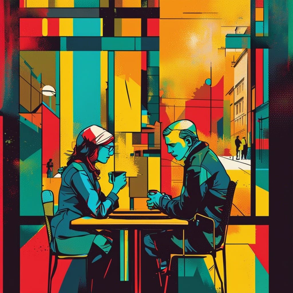 Estranged Couple at Cafe: Pop Art Screen Print