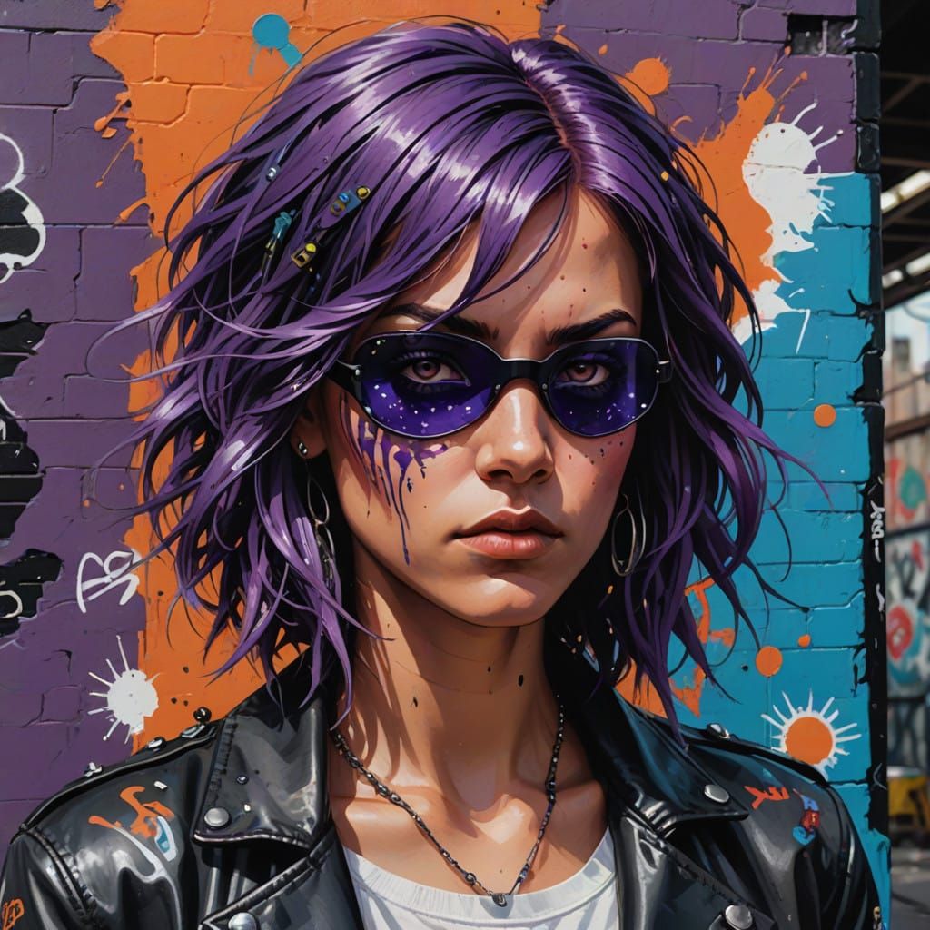 Woman with an eye patch with purple hair long