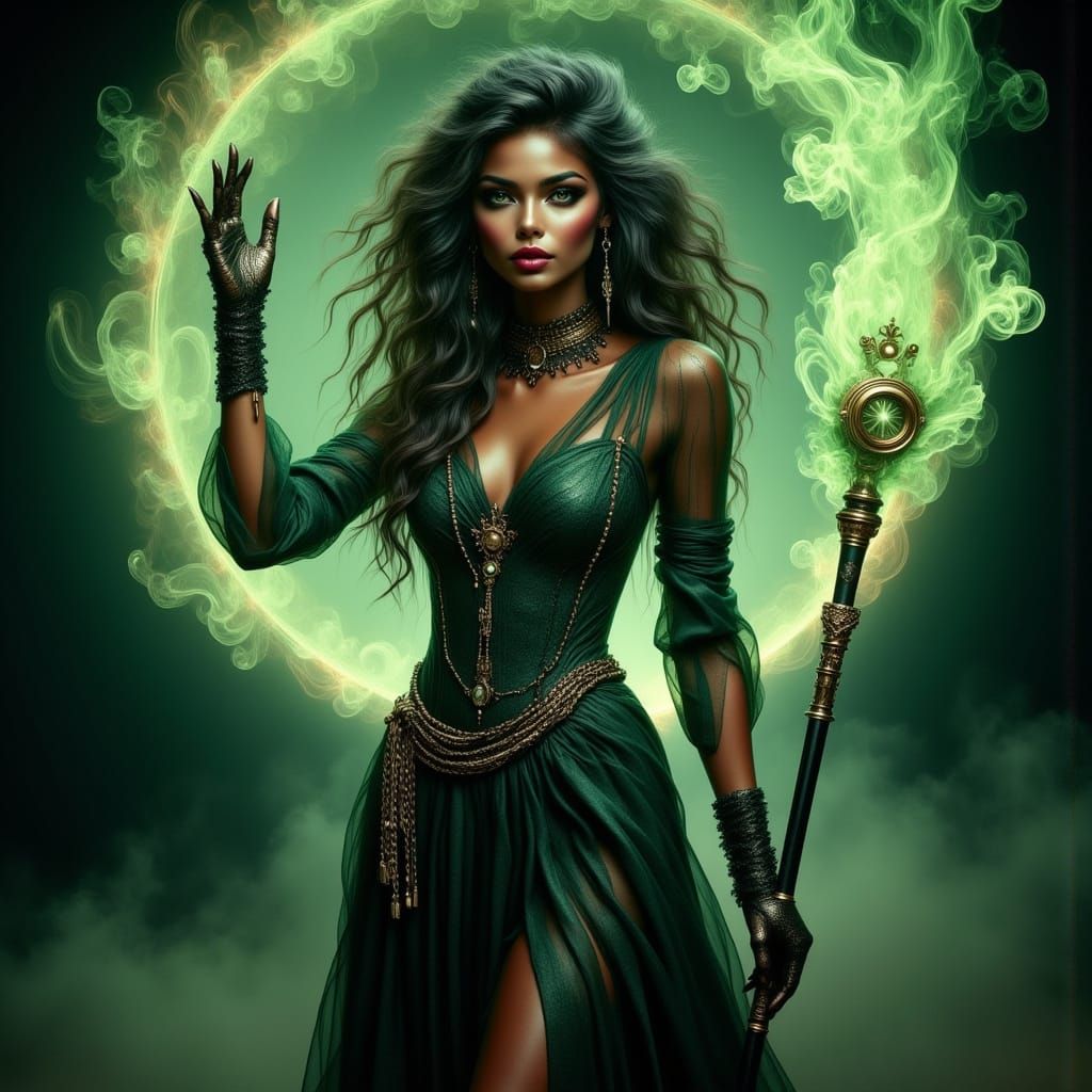 Voodoo Steampunk Witch in a Circle of Mist
