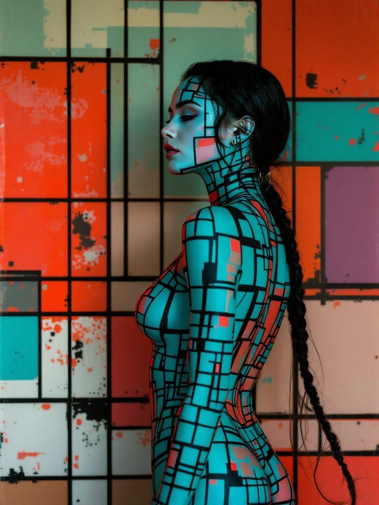 Woman Merges with Geometric Wall Art