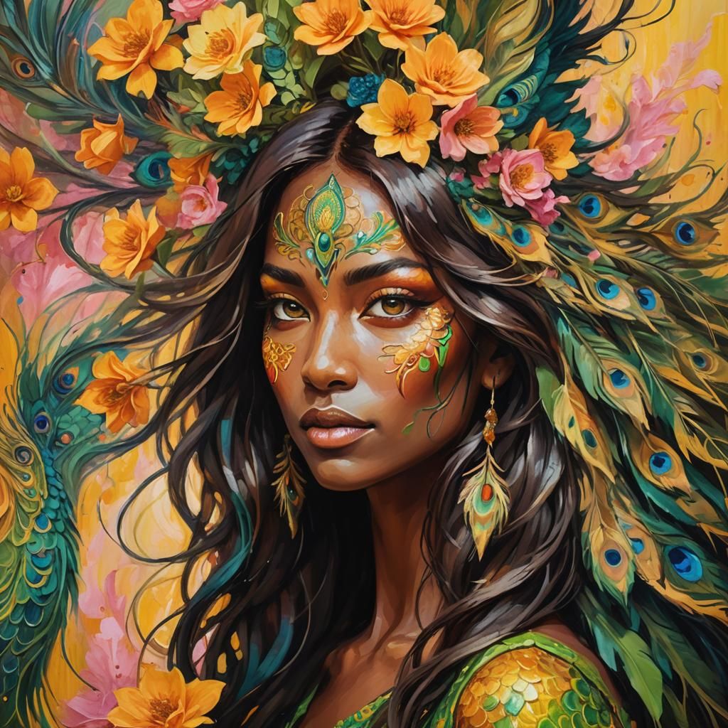 Dragon Peacock Woman in Abstract Expressionist Portrait