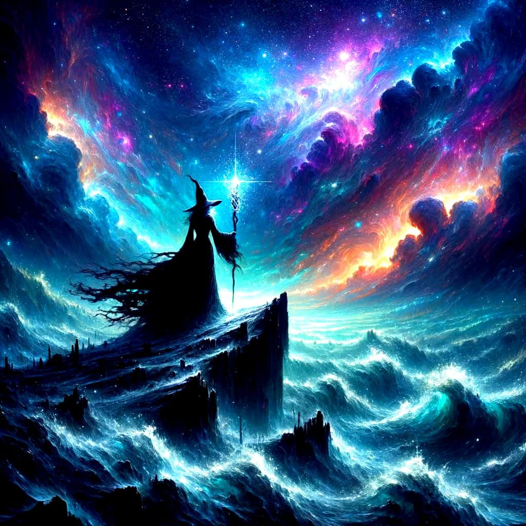 Witch Silhouette Against Starry, Stormy Sky