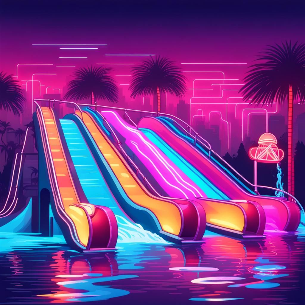 Synthwave Neon Water Park with Retro Slides