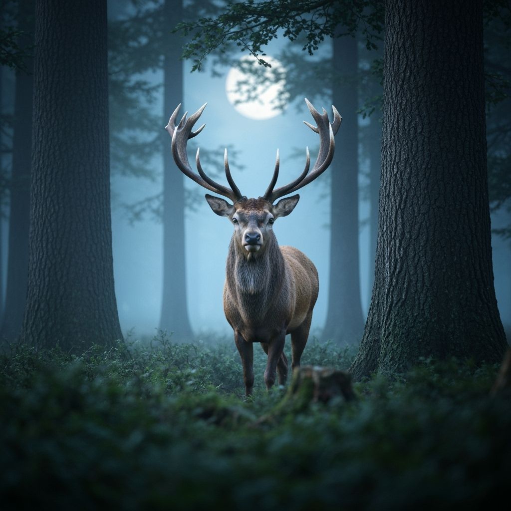 Glowing Stag in Moonlit Forest, Anime Style