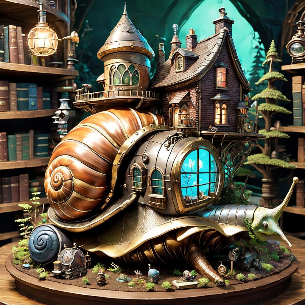 Steampunk Snail Library in Bioluminescent Forest