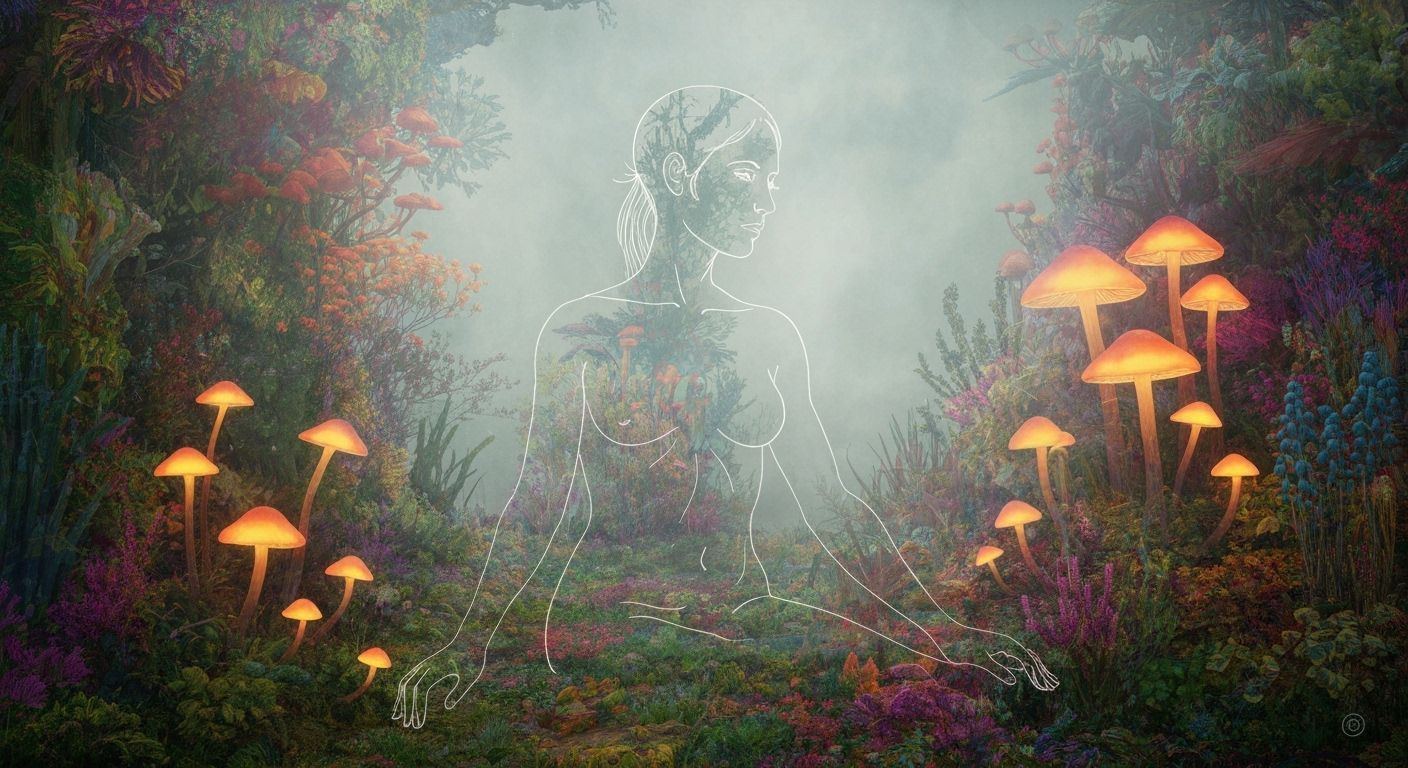 Mystical Figure Amidst Bioluminescent Flora