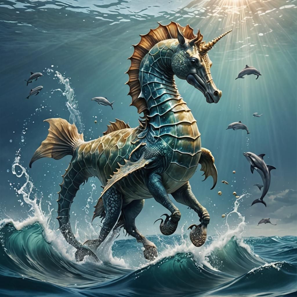 Mythical Seahorse Creature Rearing from the Ocean