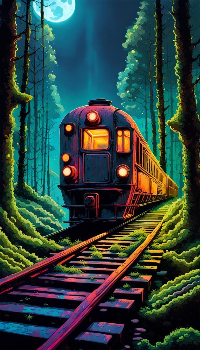Psychedelic Train in Forgotten Forest Under Moon