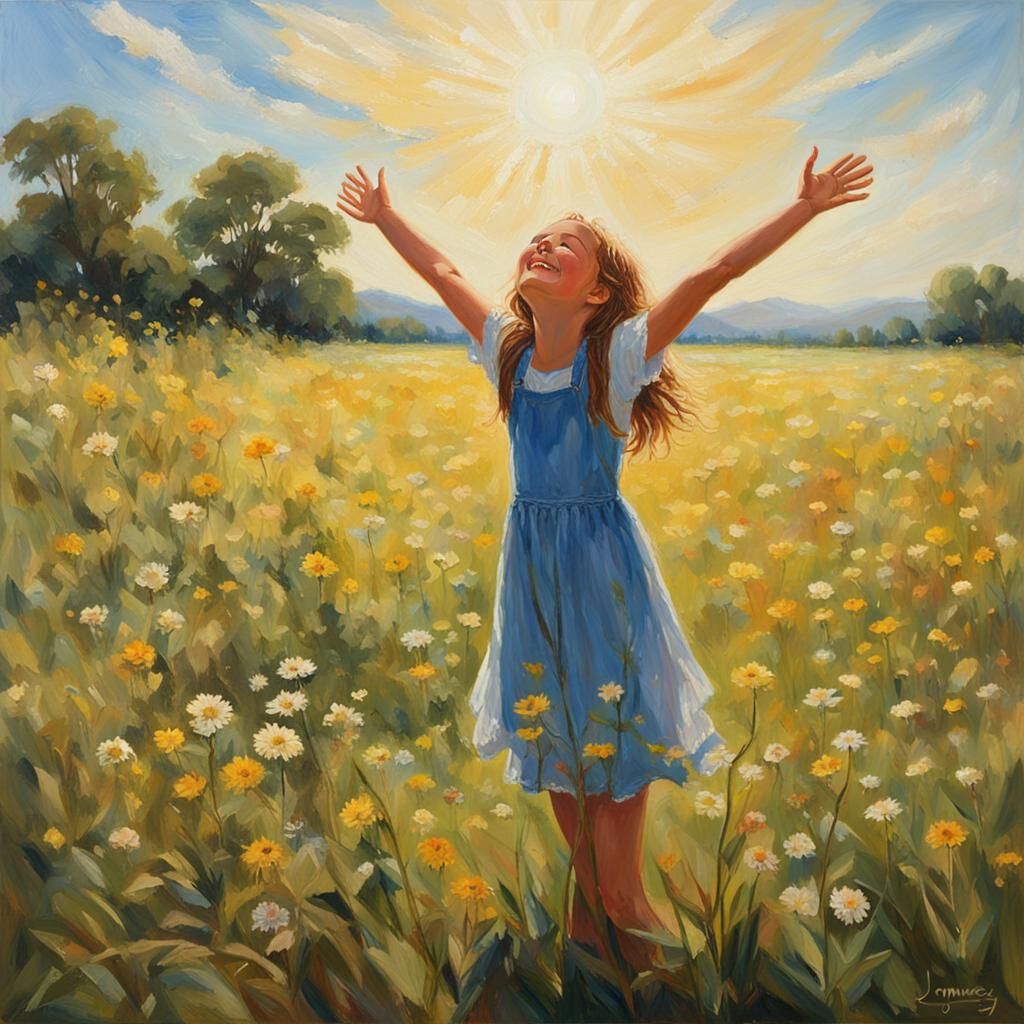 Girl in Sunny Meadow, Oil Painting