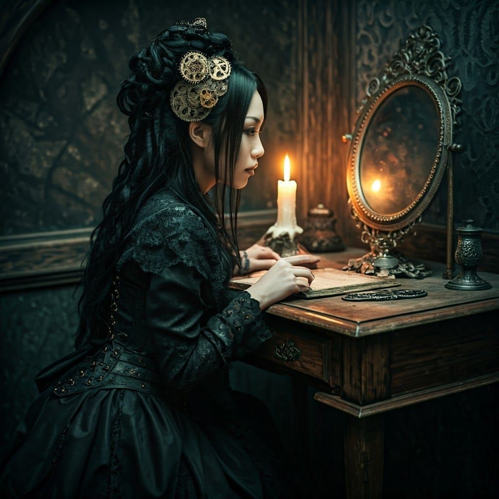 Steampunk Goth Woman Contemplates Reflection in a Haunting C...