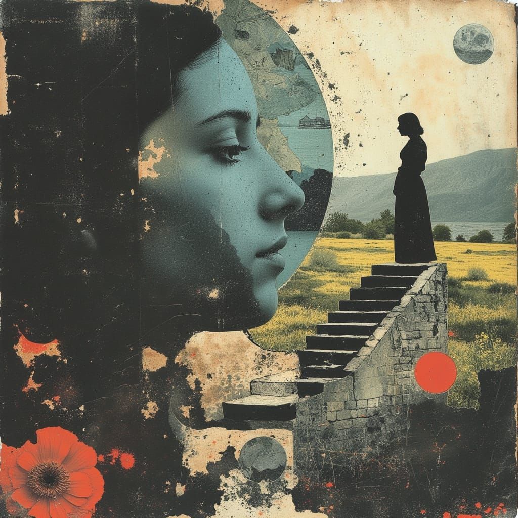 Woman Amidst Golden Valley and Cosmic Realms