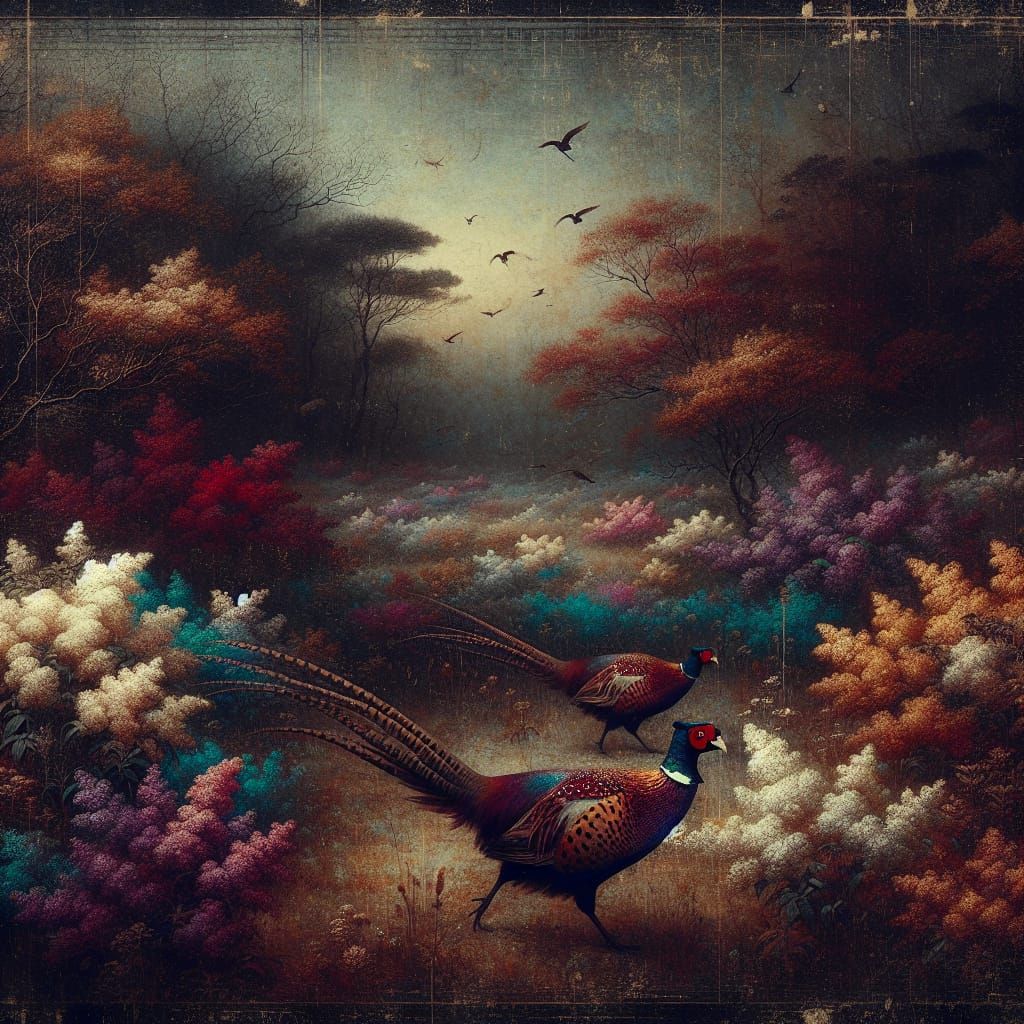Surreal Chinese Pheasants in a Romantic Autumn Night