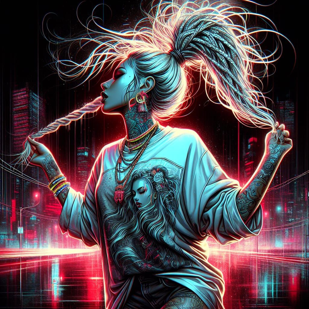 Neon Goddess: Hyperrealistic Anime in Dark Cityscape