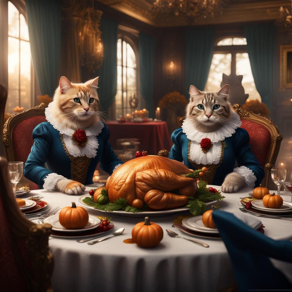 Fantastical Cats Celebrate Thanksgiving in Ball Gowns