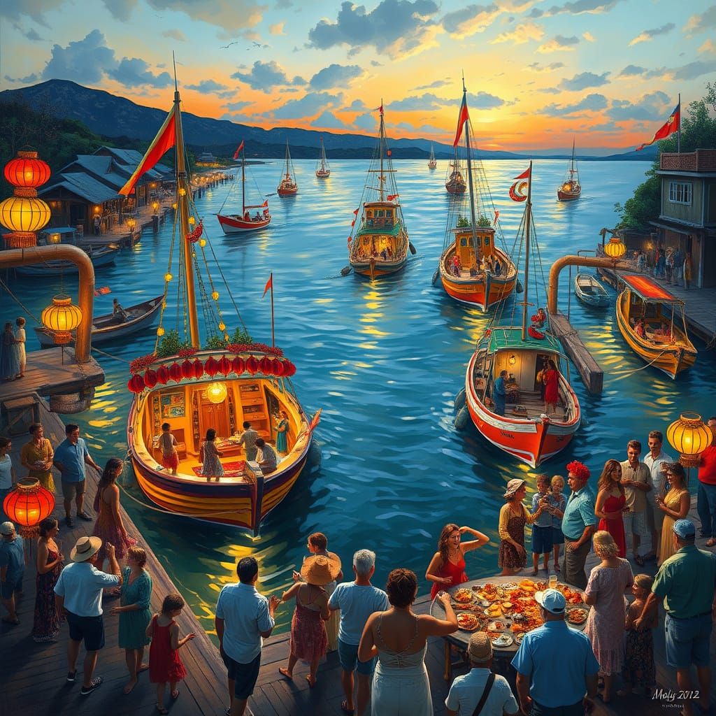 Vibrant Shrimp Boats Sail into Whimsical Harbor Celebration