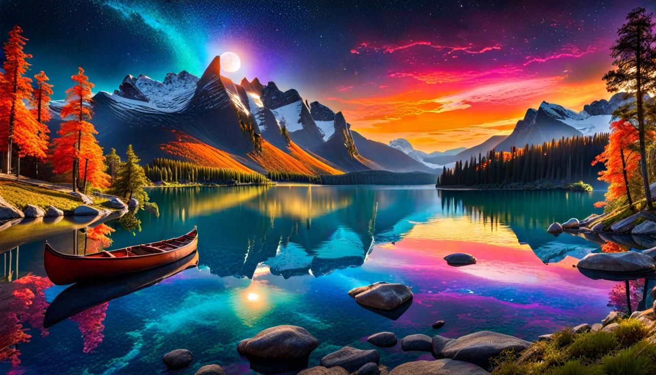 Cabin and Canoe at Sunset in Film Noir Style