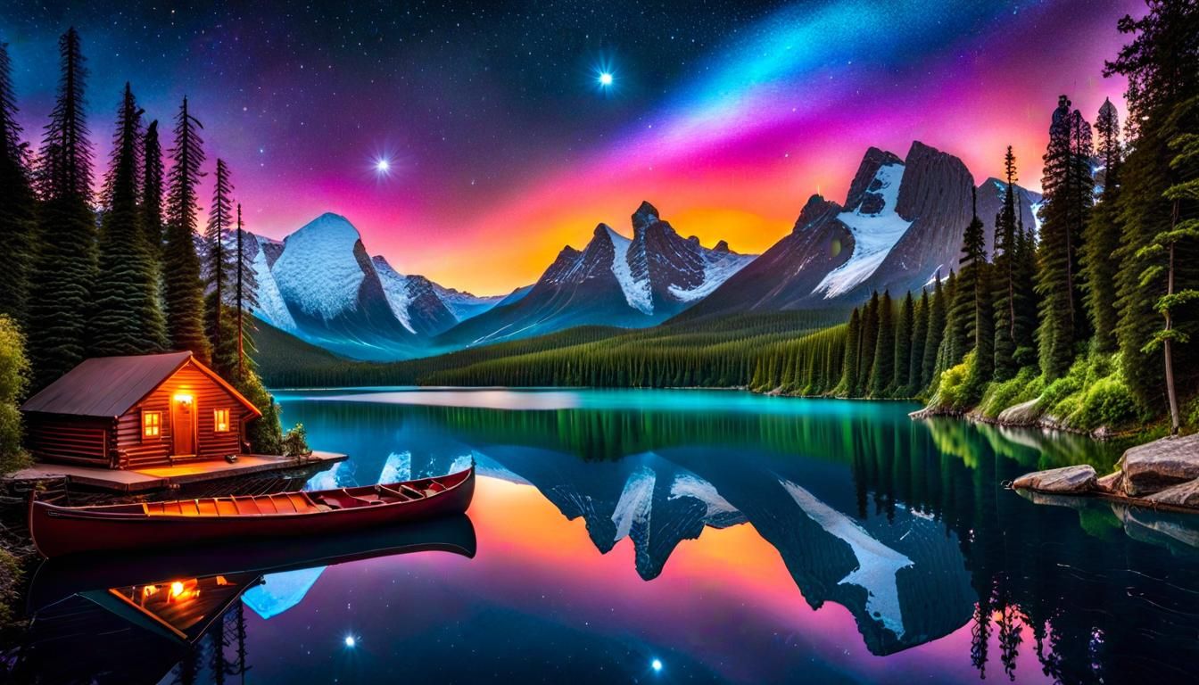 Cabin and Canoe on Mountain Lake at Sunset