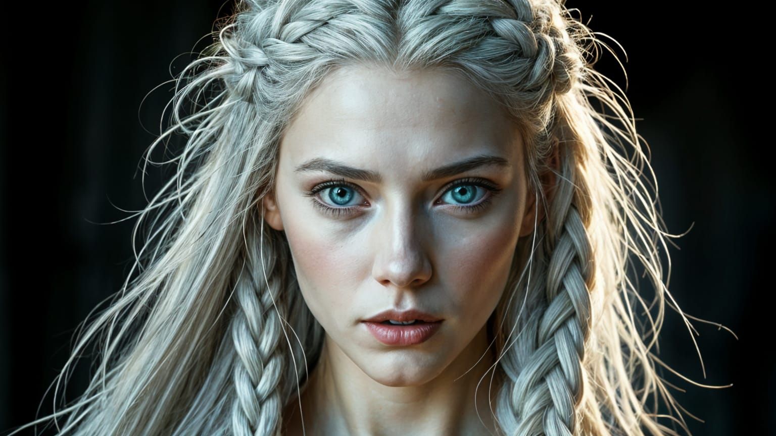 Ethereal Woman with Silver Braids, in Fantasy Art Style