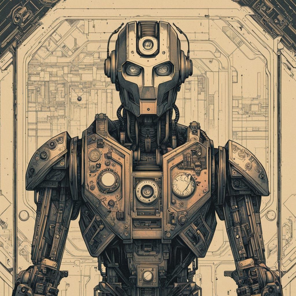 Humanoid Robot Blueprint in Da Vinci-Inspired Industrial Des...