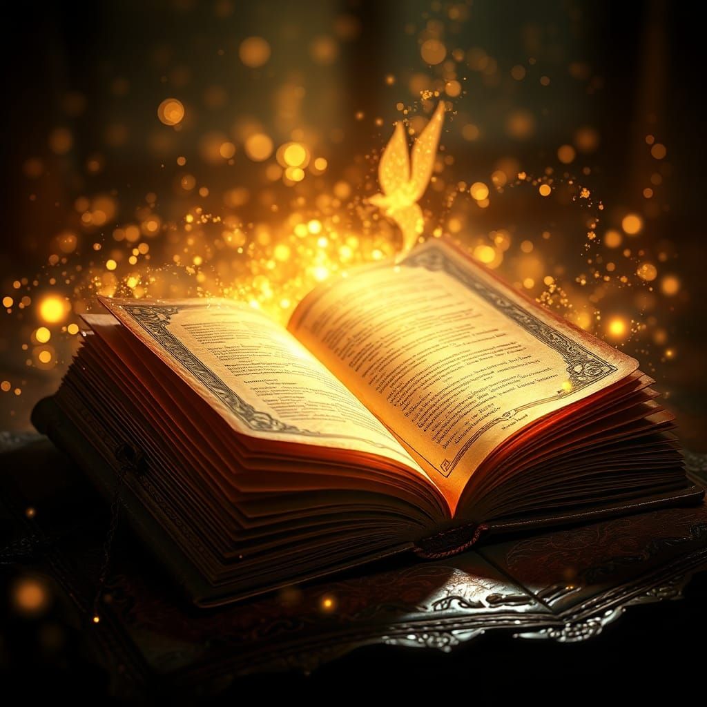 Mystical Fantasy Book Radiates Ethereal Glow with Golden Bok...