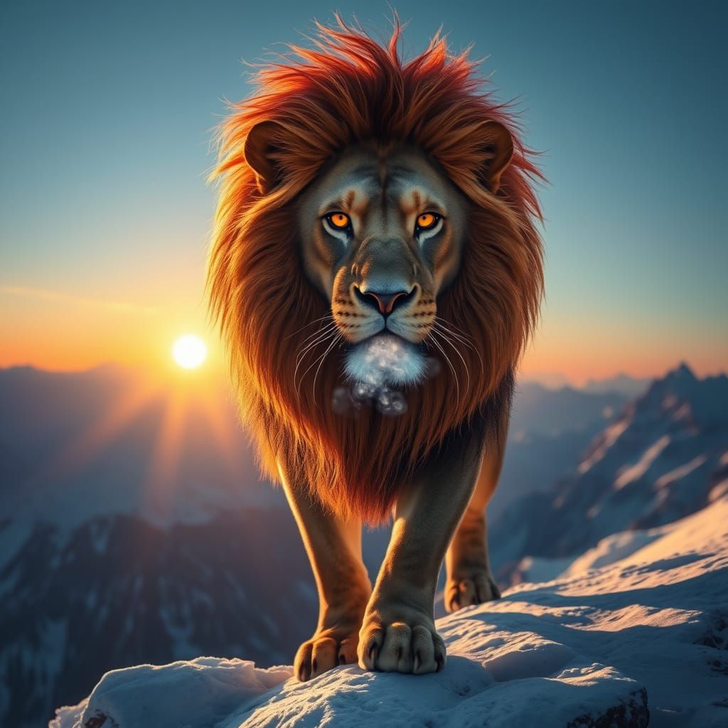 Majestic Lion in Hyperrealistic Sunset