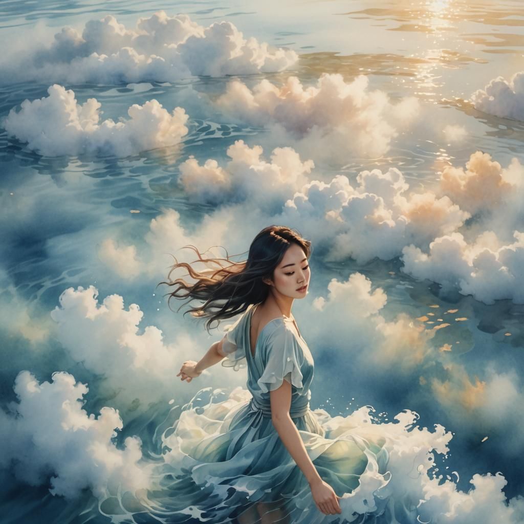 Ethereal Asian Girl Swimming in Cloud Ocean