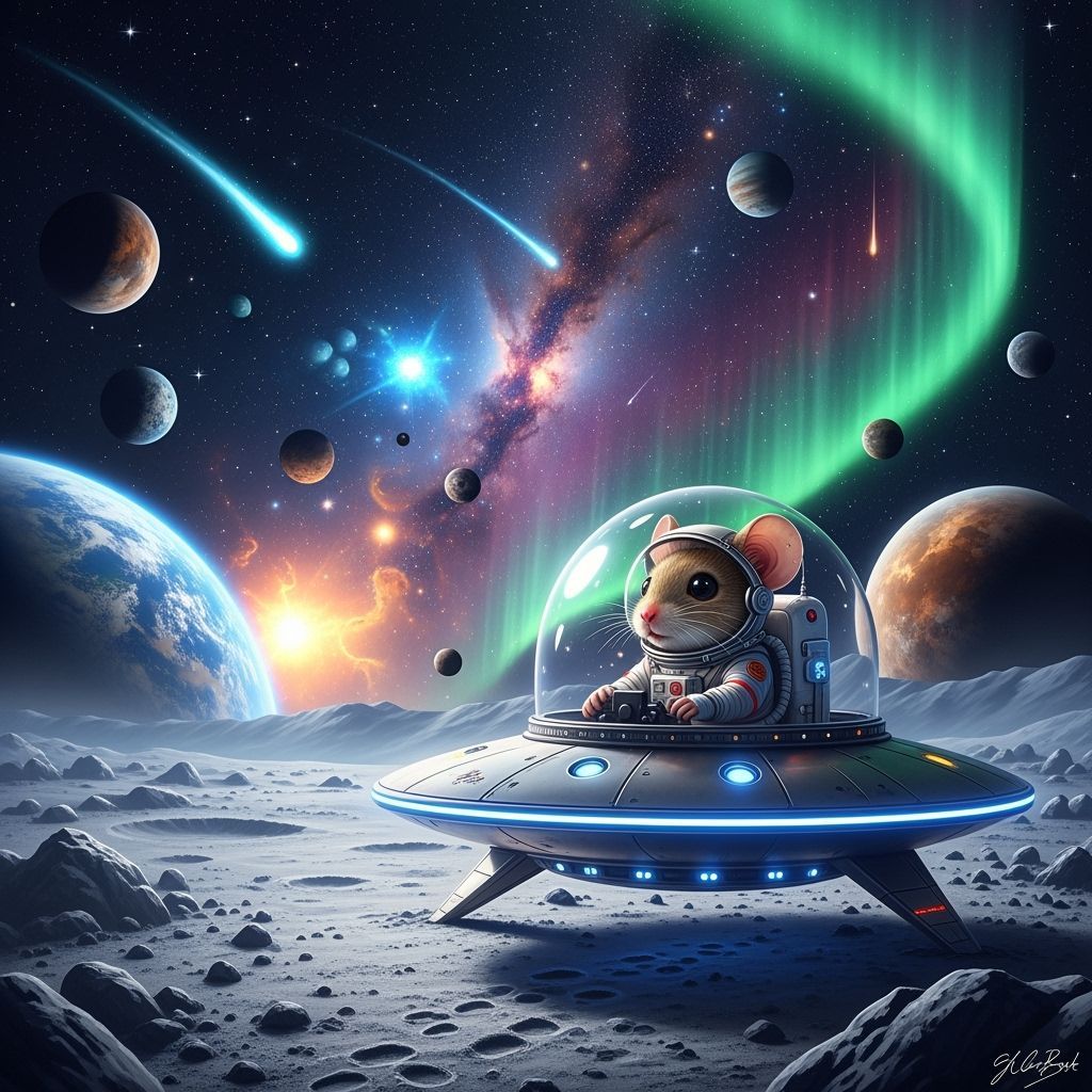 Chibi Mouse Astronaut on Moon in UFO, Hyperrealistic