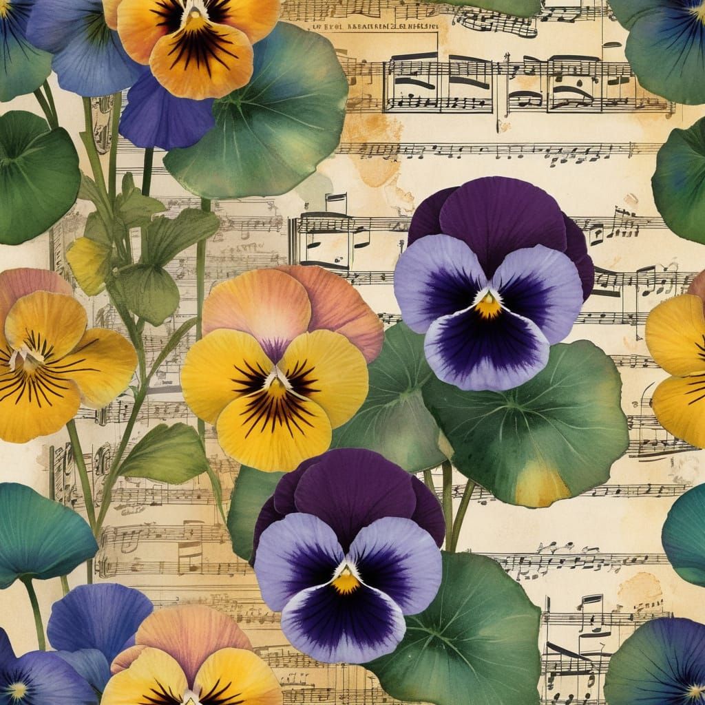 Pansies and Lily Pads Collage in Art Nouveau Style