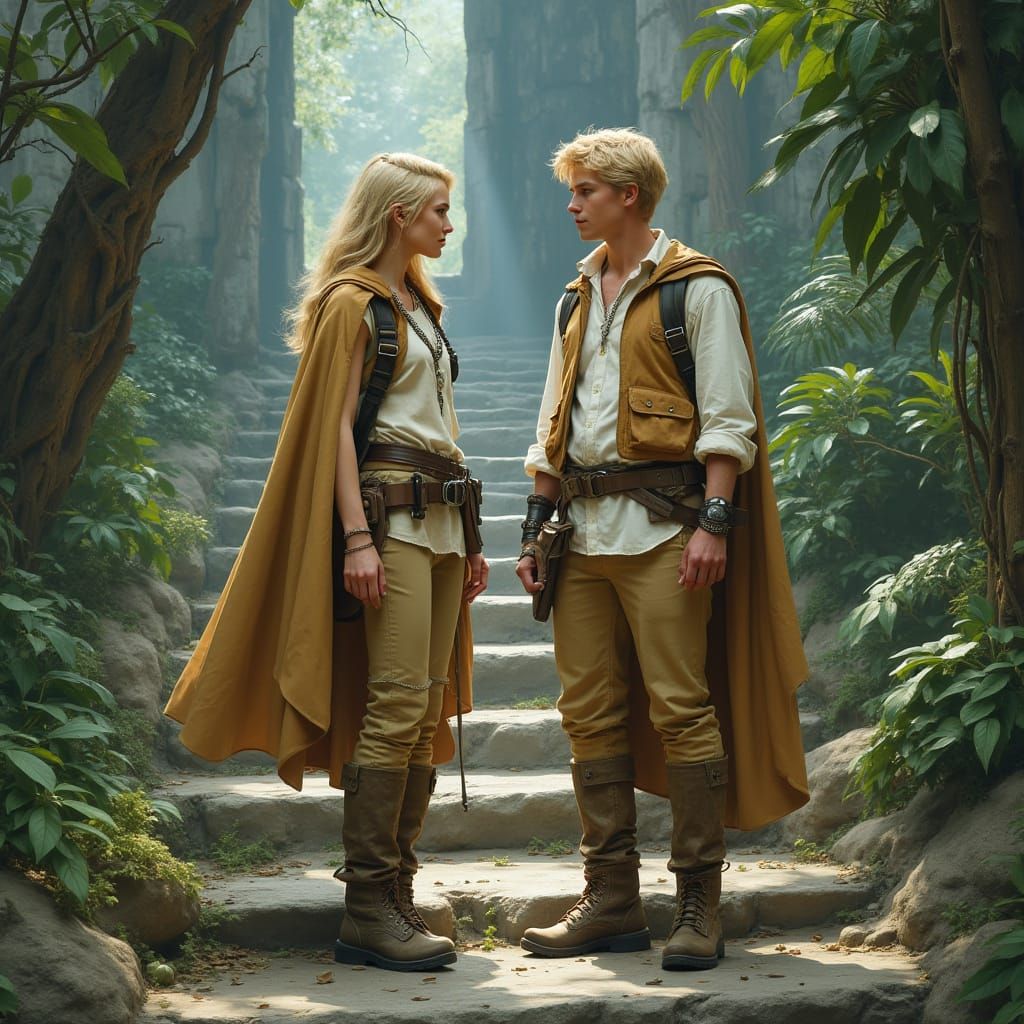 Hyperrealistic Siblings Converse in Rainforest Temple