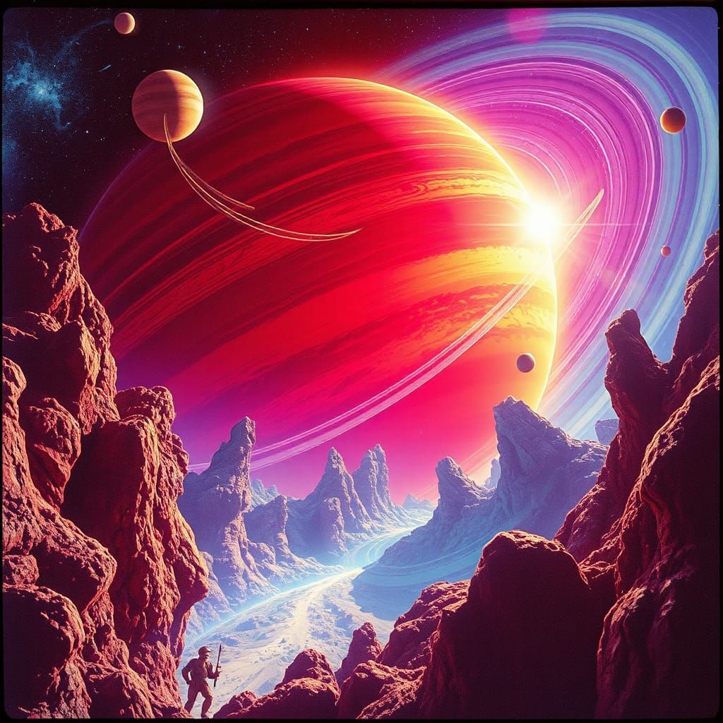 Vibrant Solar System Captured with Retro Sci-Fi Aesthetic