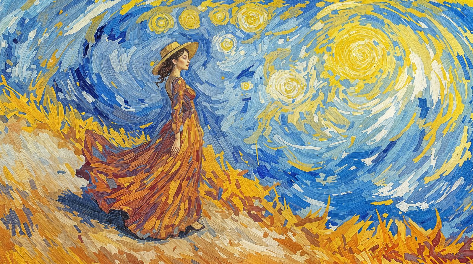 Woman in Swirling Colors, Inspired by Post-Impressionism
