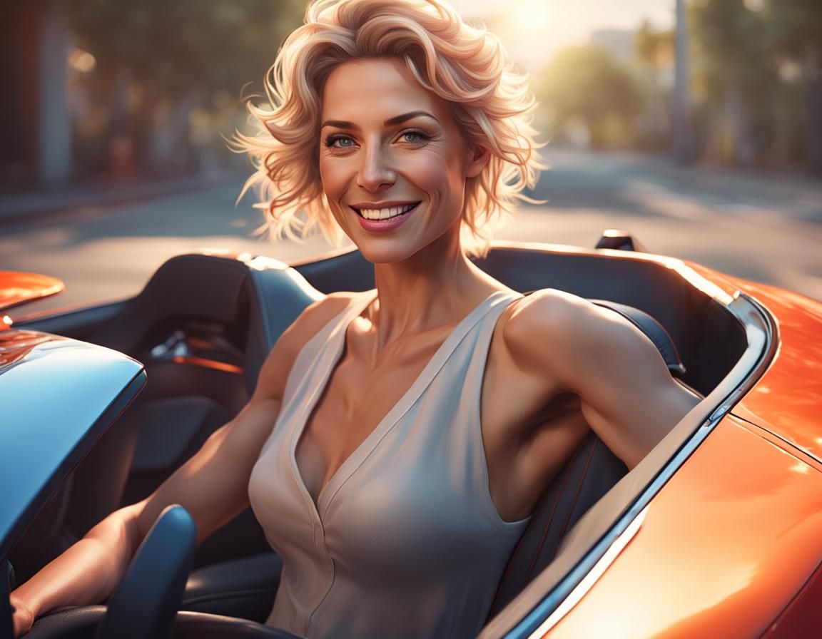 Woman Driving Sports Car Portrait in Hyperrealistic Style