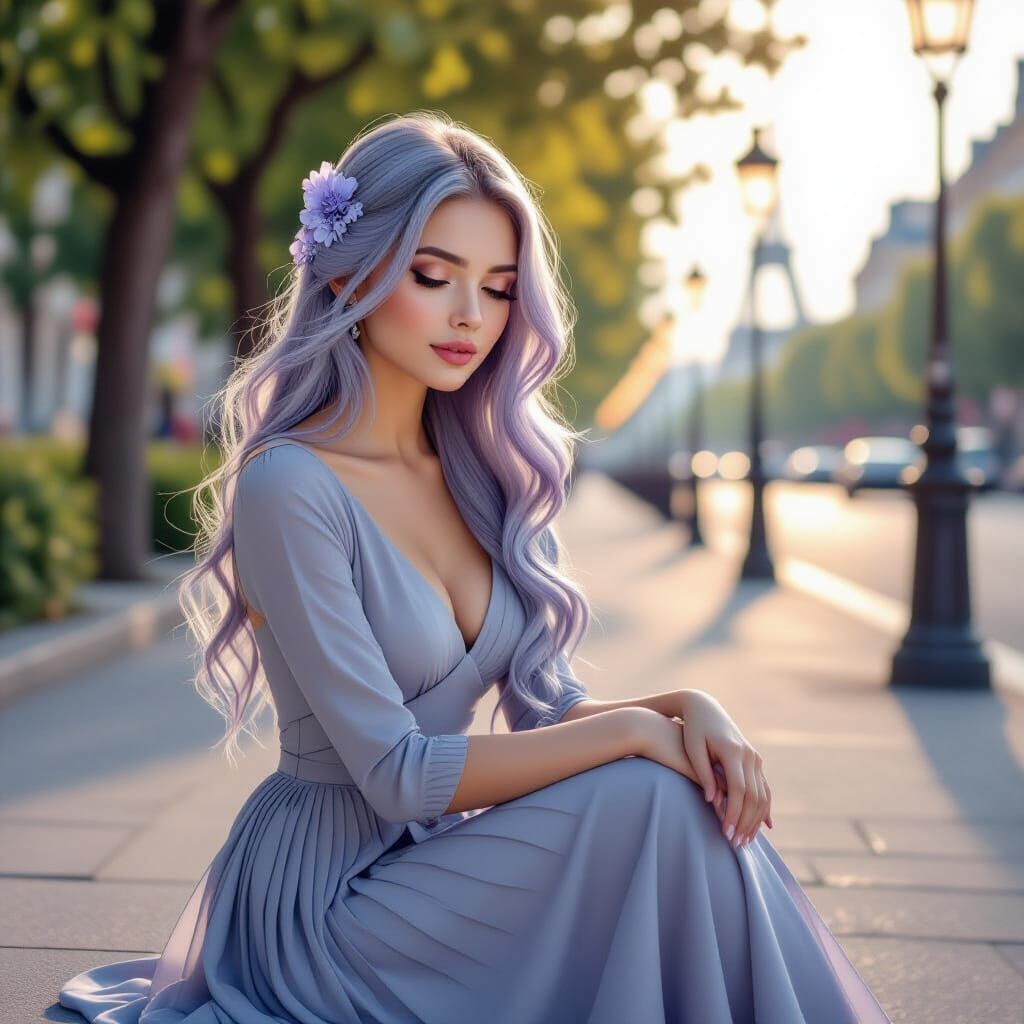 Young Woman with Blue-Purple Hair in Elegant Dress