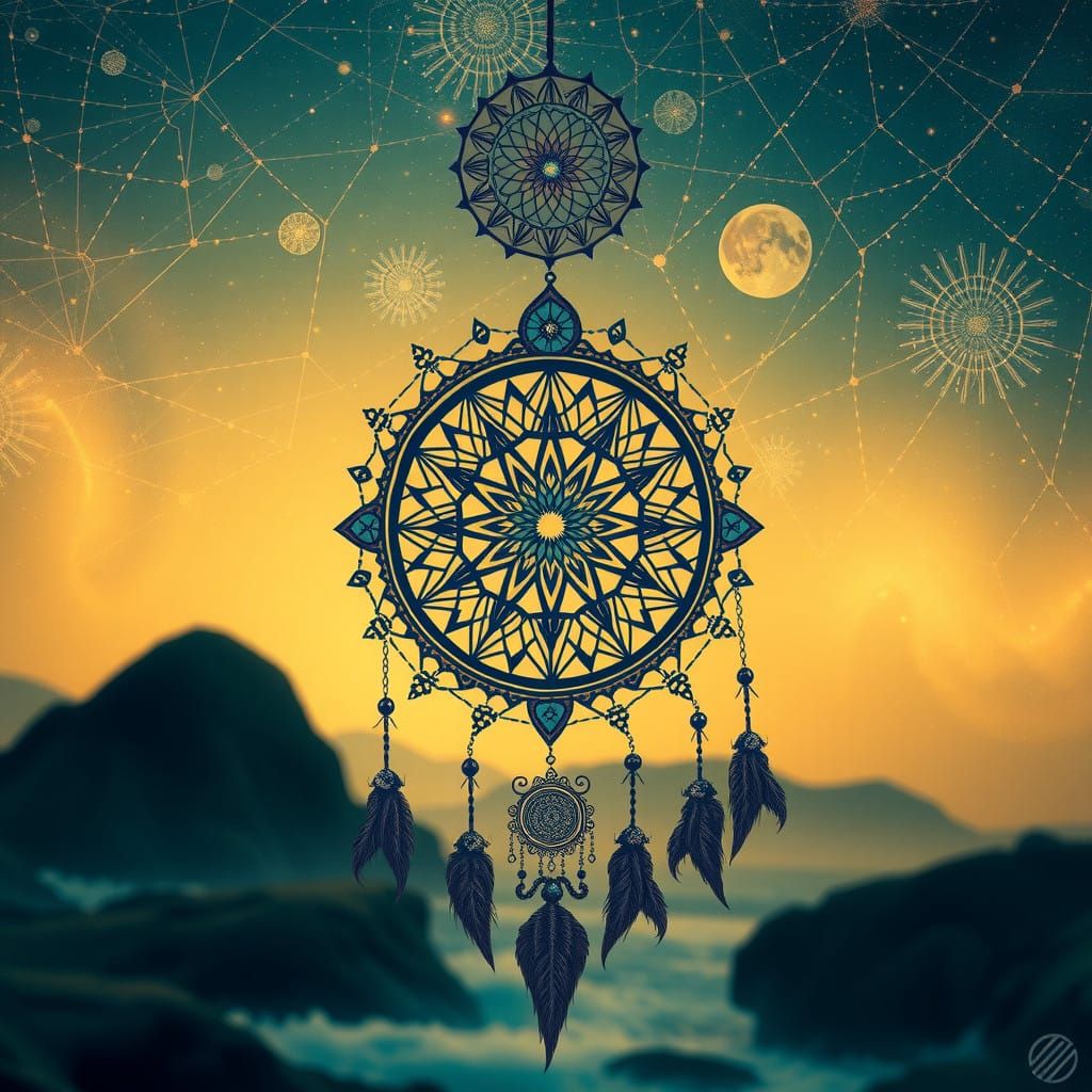 A Vibrant Dreamcatcher Mandala in Whimsical Cyberpunk Style