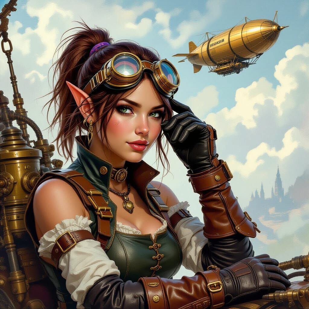 Steampunk Elf Mechanic with Dirigible, Oil Painting Style
