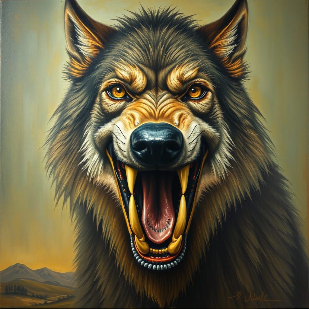 Toothy Werewolf Face in Surrealist Melting Oil Painting