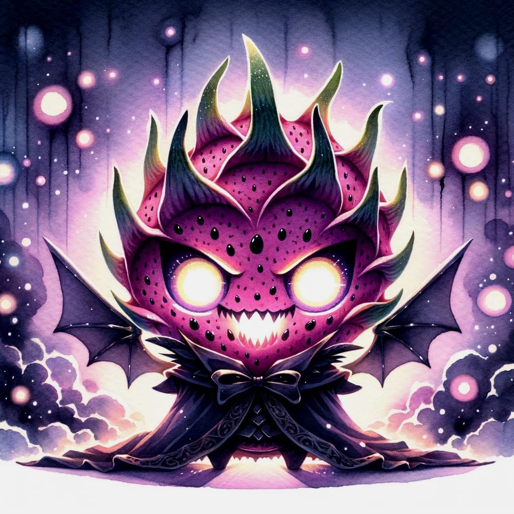 Menacing Dragonfruit Character in Chibi Watercolor Style