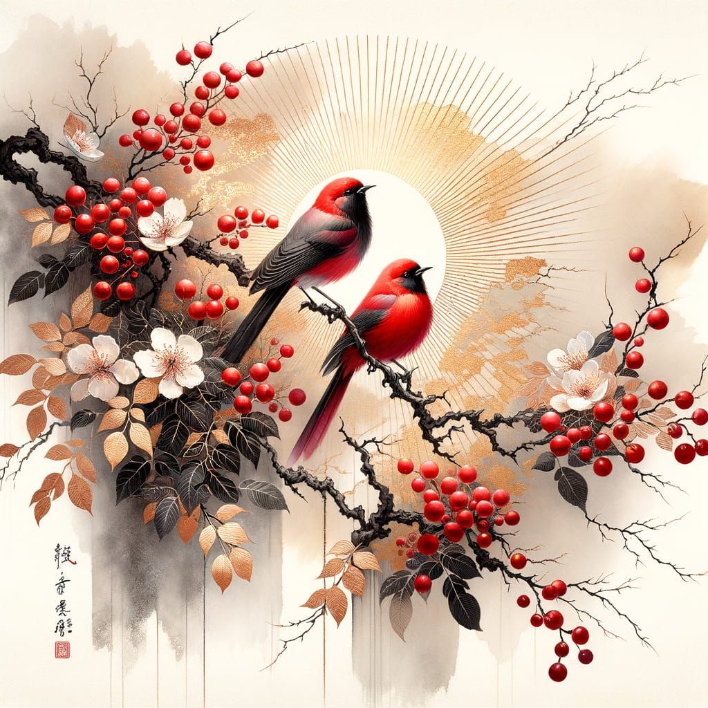 Chinese ink painting on silk textured rice paper