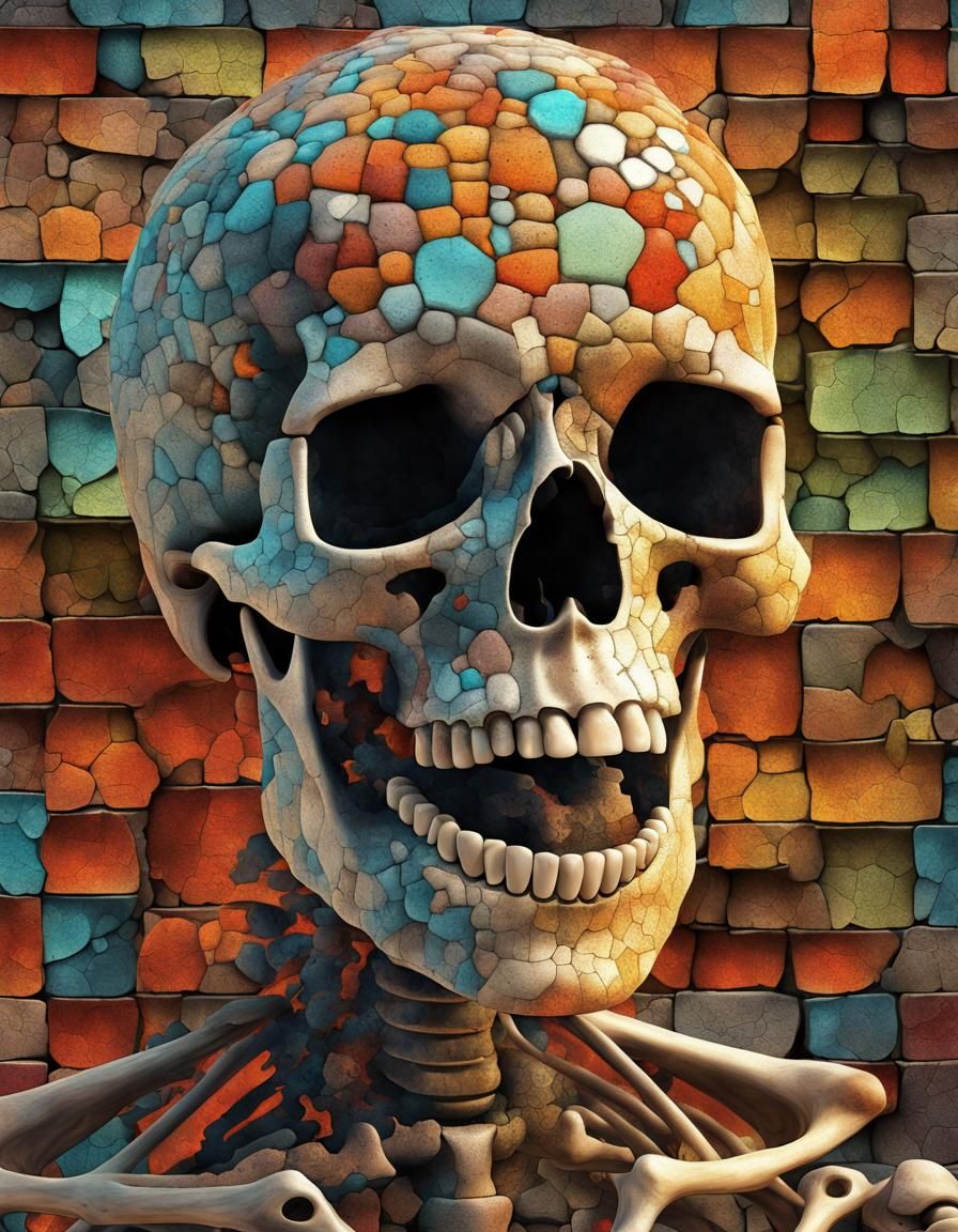 Happy Skeleton Mosaic in Colorful Macabre Art