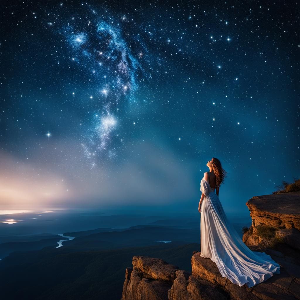 Woman Gazing at Stars from Cliff Top