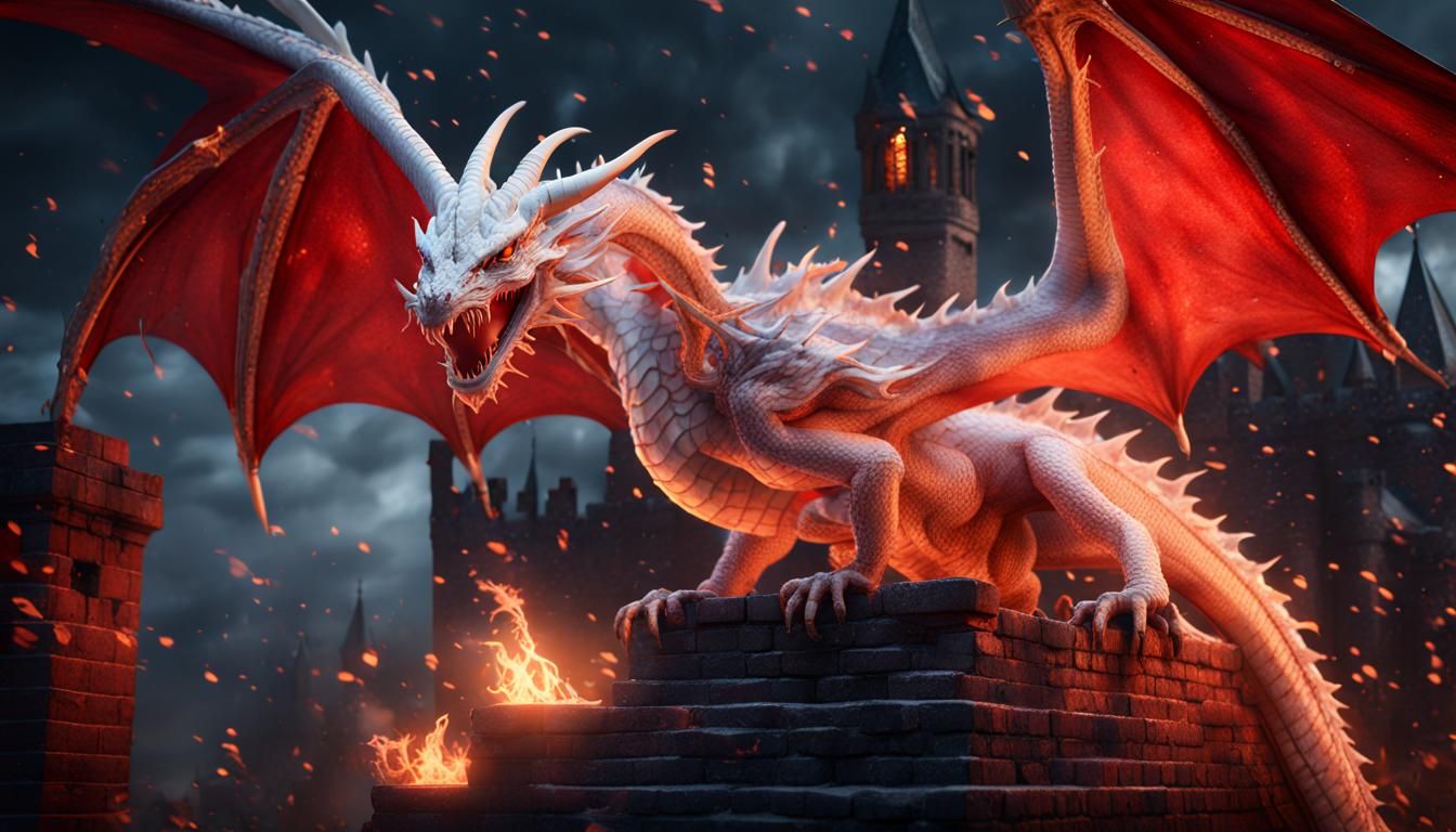 Fiery Dragon Over Snowy Castle: Detailed Digital Painting